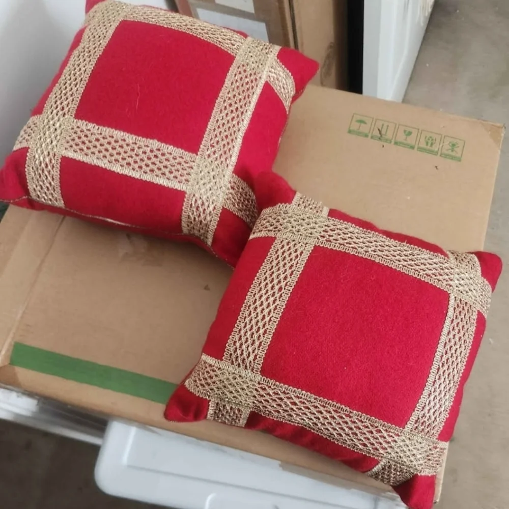 Red Decorative Throw Pillow Pair with Gold Trim (2)
